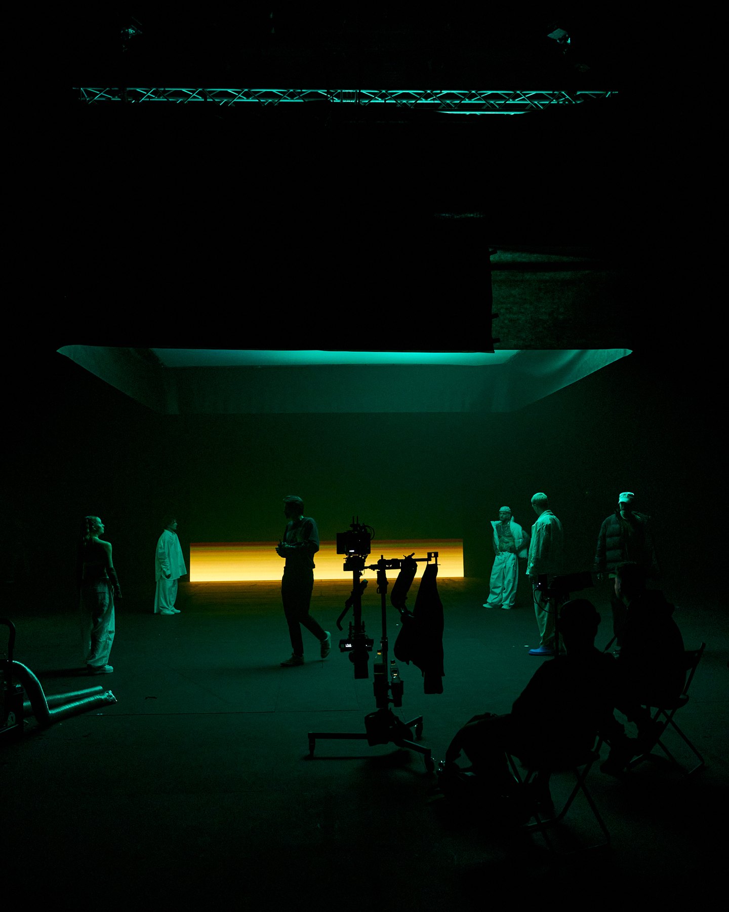 Izaak and the crew preparing the green-lit CROWD set